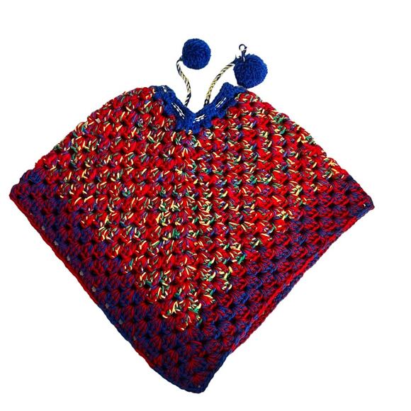 Handmade Vintage Poncho Kids Poncho Cape Drawstring Pom Pom Heavyweight Shawl - Picture 2 of 11